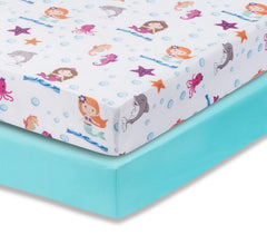 Everyday Kids Mermaid Aqua fitted sheet front view shows vibrant color for cozy nurseries.
