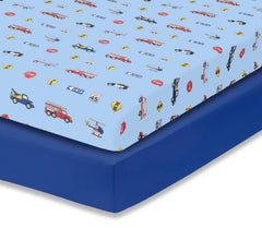 Everyday Kids Rescue/Blue crib sheet 2-pack folded, soft microfiber for cozy naps.