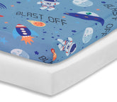 Everyday Kids space white crib sheet close-up highlighting soft, breathable fabric for comfortable naps.