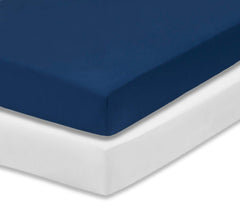 Everyday Kids two-pack crib sheets white and navy packaging showing value and assortment.