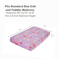Everyday Kids Unicorn Dreams in crib illustrates a snug, safe fit.