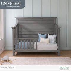Evolur Toddler Rail installed on crib shows quick setup for safer nights.