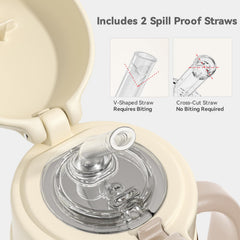 Evorie adjustable-strap cup image demonstrates hands-free carrying for busy days.