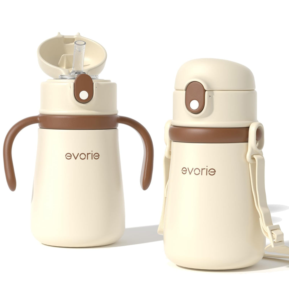 Evorie leak-proof vacuum insulated bottle 11oz white with handle for travel.