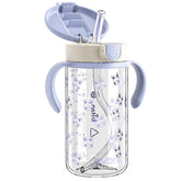 Evorie Tritan spill-proof toddler cup with blue rabbit front view showing easy-grip handles