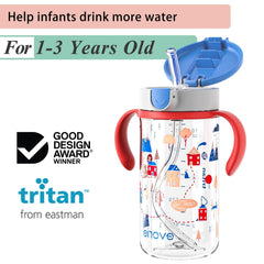 Evorie Tritan sippy cup straw close-up showing cross-cut design reduces debris