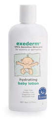 Exederm Baby Lotion applied to hands delivers soothing, non-greasy moisture for delicate skin.