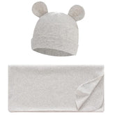 Exemaba swaddle blanket and hat laid flat showing soft cotton and versatile use