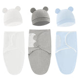 Exemaba baby swaddle sleep sack set in white, grey, blue improves newborn cozy transition to sleep.