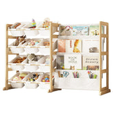 EXPERLAM toy storage organizer with 12 white bins, promoting easy cleanup and visibility