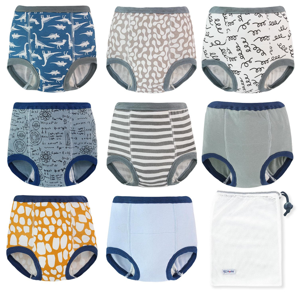 EZ Moms 8-pack potty training underwear fabric close-up with cotton and leakproof layer for dry comfort.