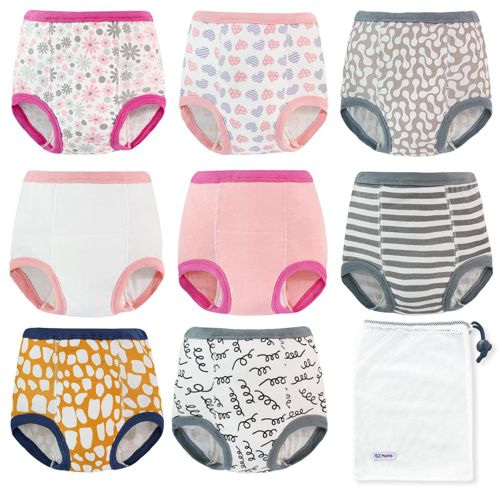EZ Moms 8-pack potty training underwear display for easy learning.