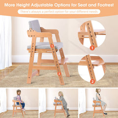 Ezebaby wooden high chair with adjustable foot rest for comfort.