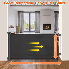 EZIGO retractable gate closed with mesh barrier for keeping kids and pets secure.