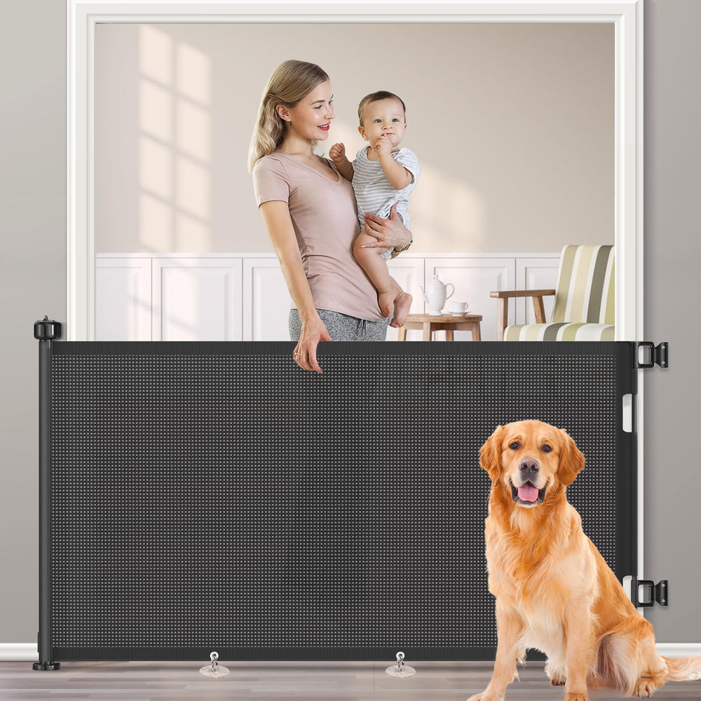 EZIGO 71-inch retractable gate extended to fit wide openings for safe play areas.