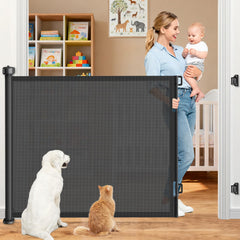 EZIGO 71-inch retractable gate extended view shows wide opening for kids and pets