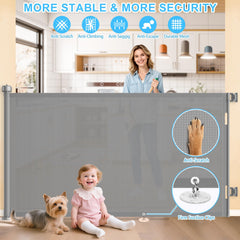 EZIGO gray retractable gate with closed-door view and safety lock