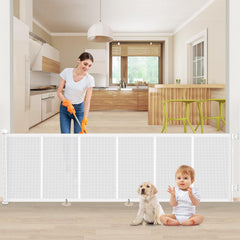 EZIGO Upgrade 120in retractable gate open demonstrates easy passage through a wide doorway.