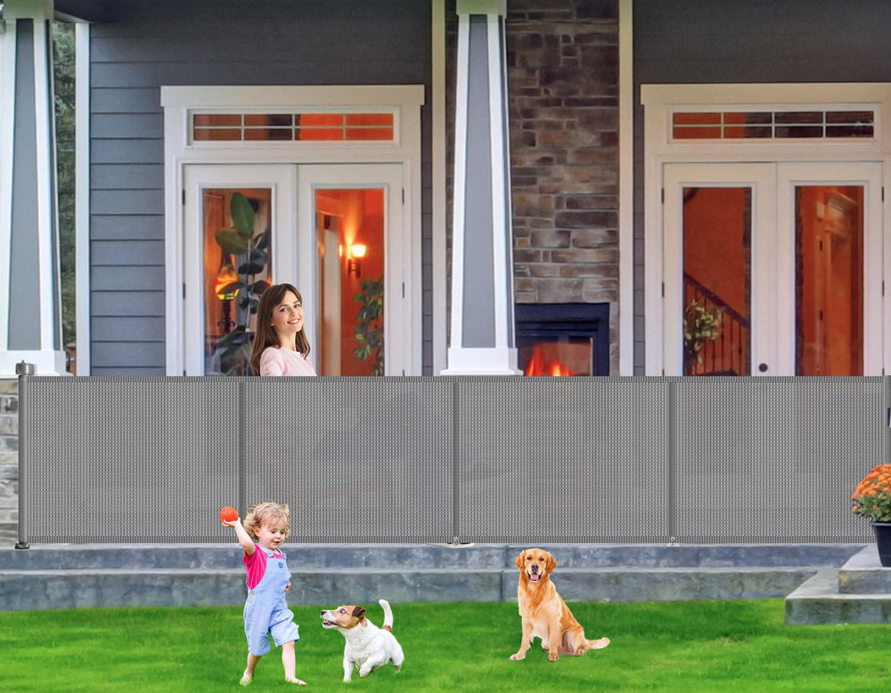 EZIGO upgrade 180inch retractable gate extended to cover wide openings for safe play.