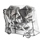 Ezkindheit double-stroller rain cover front view protects twins from drizzle