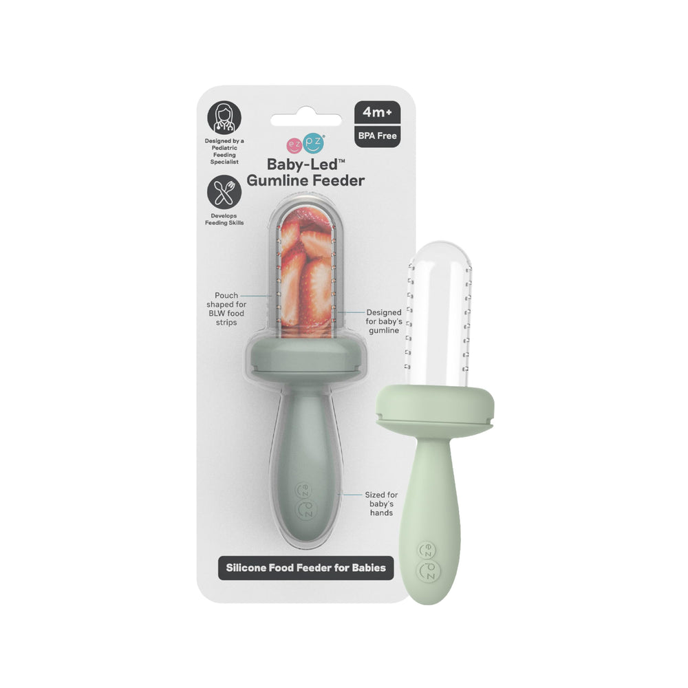 ezpz Baby-Led Gumline Feeder Sage pouch closeup for safe food exploration