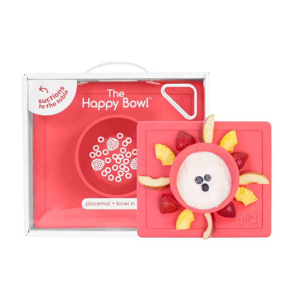 ezpz Happy Bowl coral suction base keeps meals steady during self-feeding.