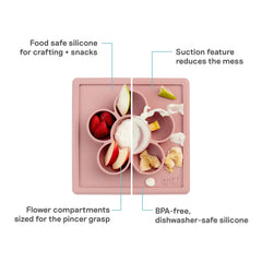 ezpz Mini Play Mat Blush flower compartments support separate snacks and fine motor play.