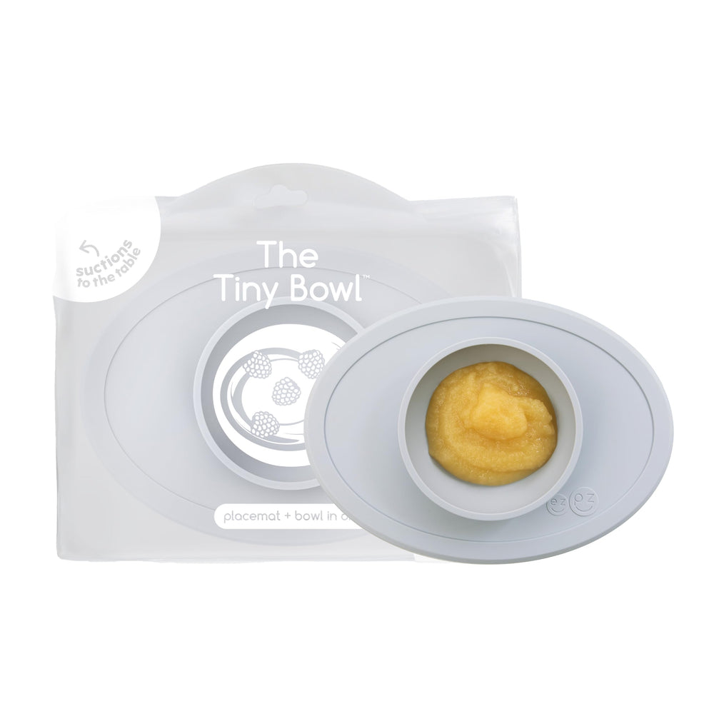 ezpz Tiny Bowl Pewter suction feature keeps meals steady and clean.