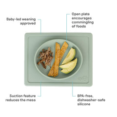 ezpz Tiny Plate Sage open-plate demonstrates convenient self-feeding with reduced spills