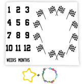 F-FUN SOUL milestone blanket front view with race car flags for stylish baby growth photos.