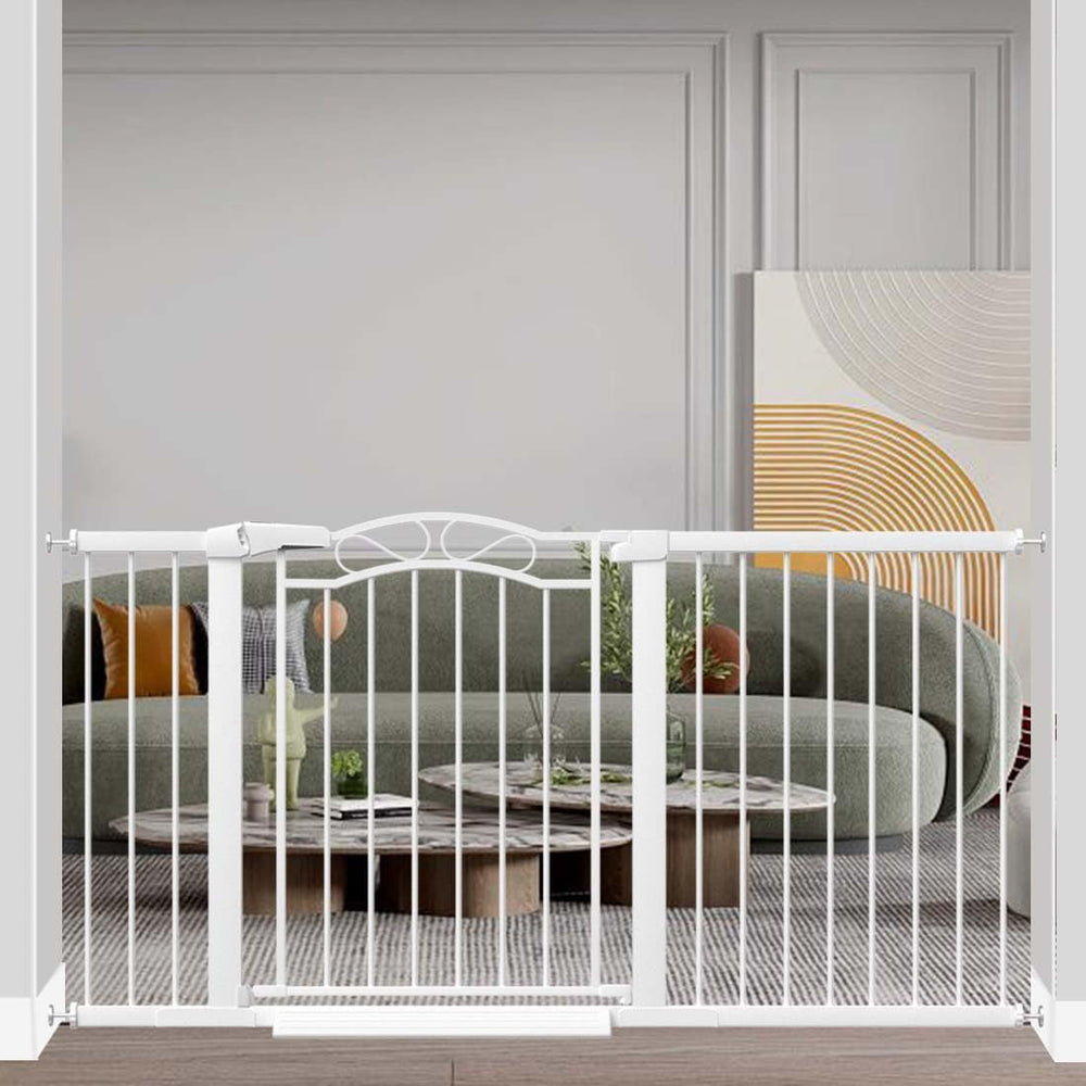 Fairy Baby extra-wide gate showing 59–62 inch press-mounted fit for wide doorways and open spaces