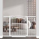 Fairy Baby gate in-use shows wide adjustable width for doorways and stairs