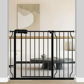 Fairy Baby walk-through gate with wide opening and extensions enables easy caregiver passage.