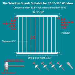 Fairy Baby adjustable-length window guard showing four size options