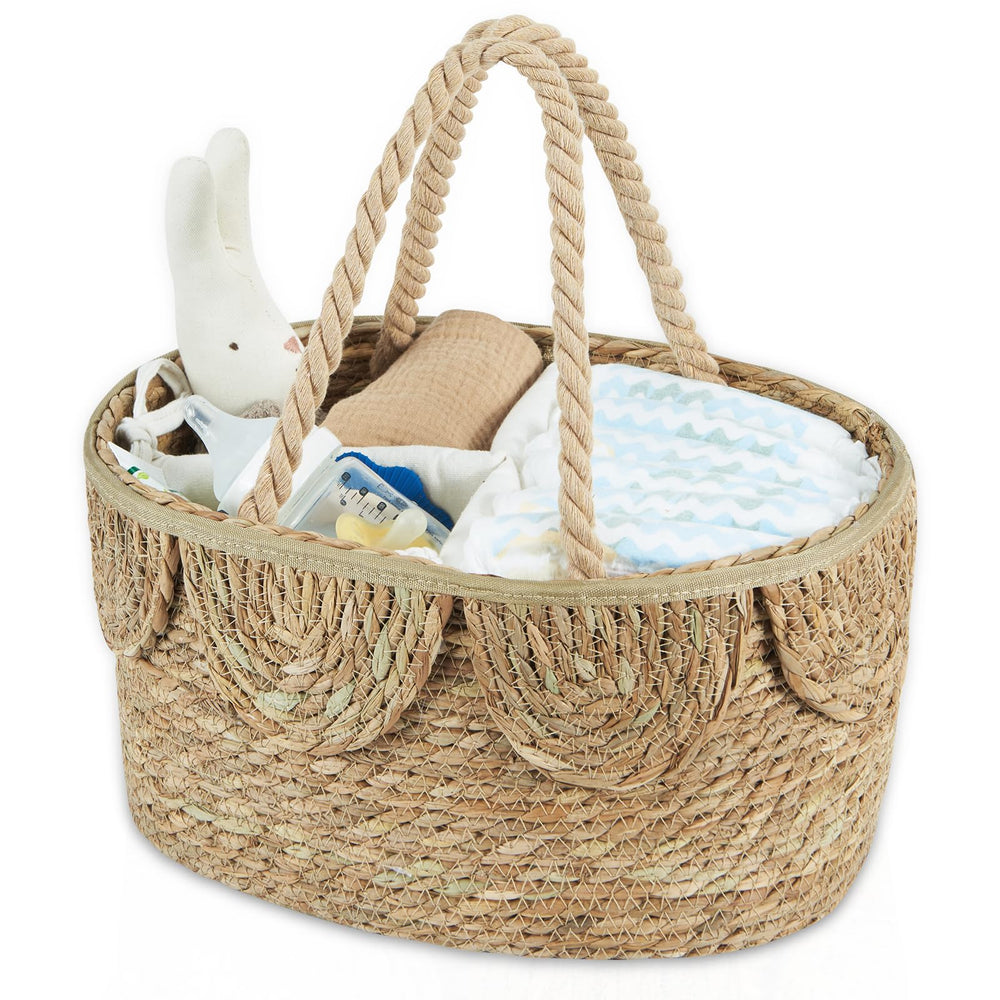 FairyHaus diaper caddy in natural seagrass for lightweight nursery organization