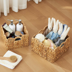 FairyHaus natural water hyacinth basket showcases textured material for rustic living room charm.
