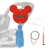 FAMCHAINS stroller ID tag pendant in red with flowing ribbon for quick visibility in crowds