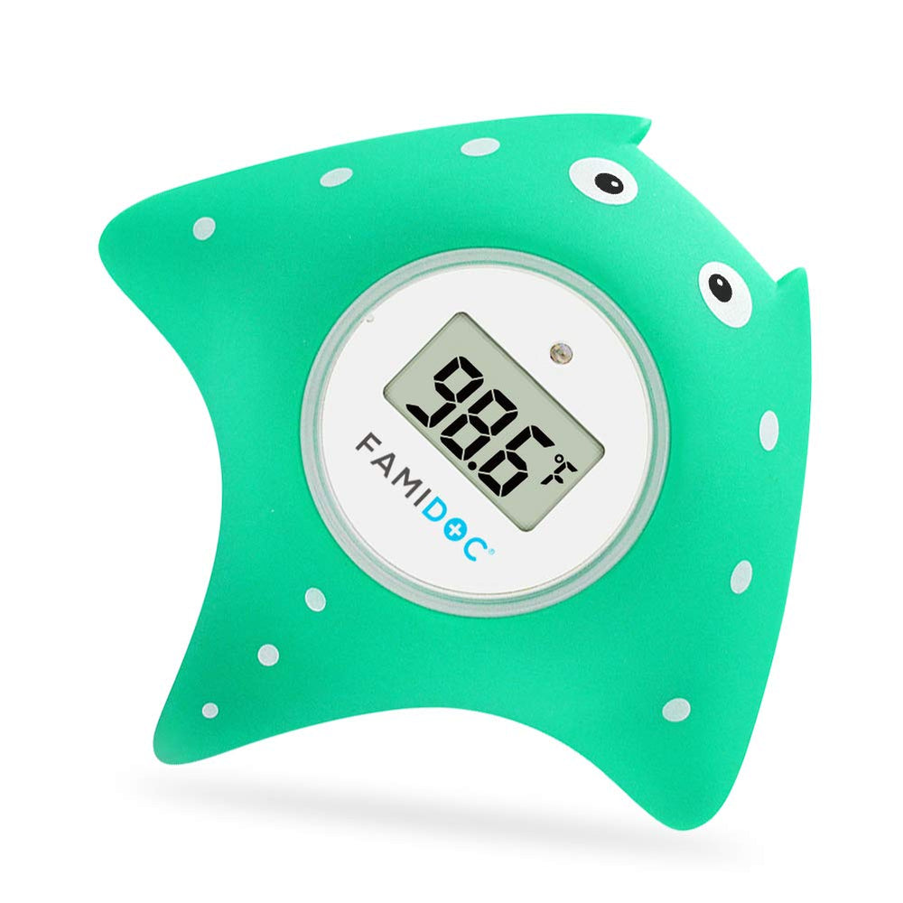 Famidoc bath thermometer floating blue left side view for gentle bath temperature cues