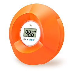 Famidoc baby bath thermometer floating flower in water shows real-time temperature for safe bathing.
