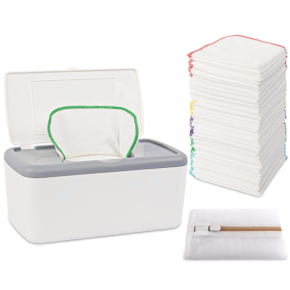 Famoplay 54-pack flannel wipes dispenser keeps wipes organized for quick changes.