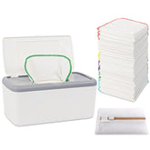 Famoplay 54-pack flannel wipes dispenser keeps wipes organized for quick changes.