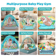Detachable animal toys and mirror support sensory development.