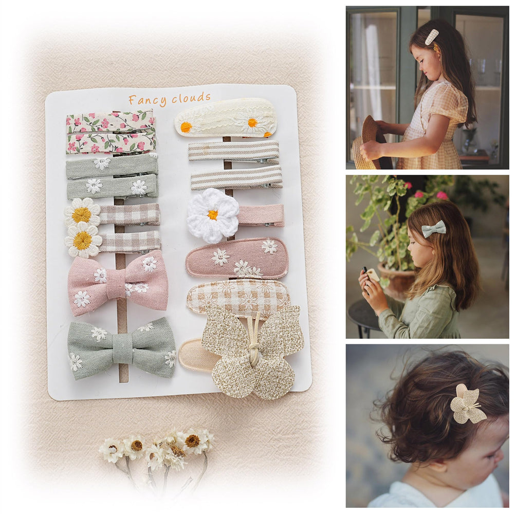 Fancy Clouds 15pcs hair clips with bows and butterfly flowers keeps hair styled for daily outfits.