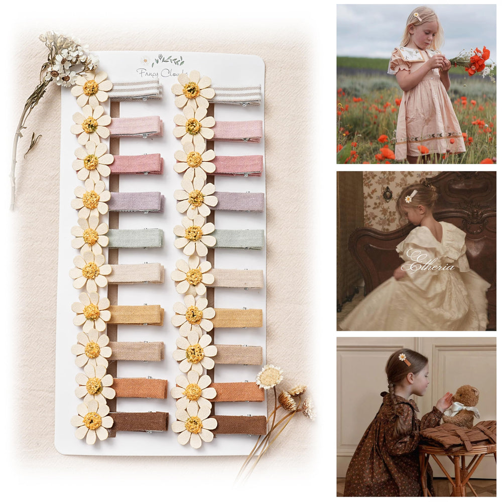 Fancy Clouds daisy hair clip close-up shows lifelike petals and lightweight comfort