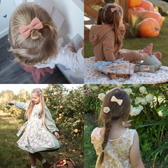 Fancy Clouds linen-texture bows close-up, vintage look plus gentle hold for kids