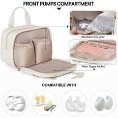 Fasrom wearable breast pump bag beige with insulated cooler demonstrates milk keeping capability.