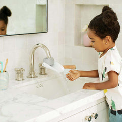 faucet-extender large-angle install on bathroom faucet enables kids to reach water easily.
