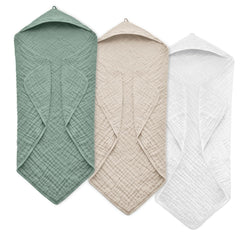 FAVERDIIY hooded baby towel pack-3 in soft muslin for gentle newborn drying.