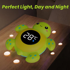 FDK baby bath thermometer in water tank demonstrates quick real-time temperature readings.
