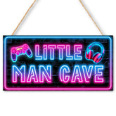 FDLLUS Neon Game Sign on a wood panel brightens a boy’s room.